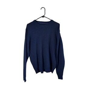 Mens Sweater Navy Blue Tight Knit Ribbed Trim Crew Neck Long Sleeve Outdoor